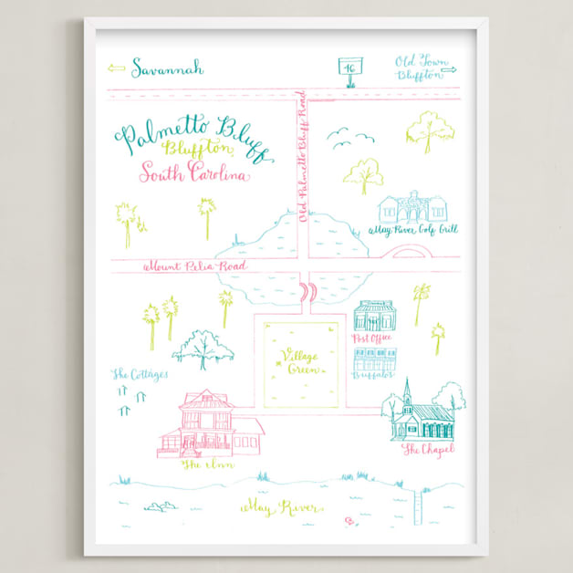 "Palmetto Bluffs Calligraphy Map" - Art Print in Teal by Megan Kelso - Framed
