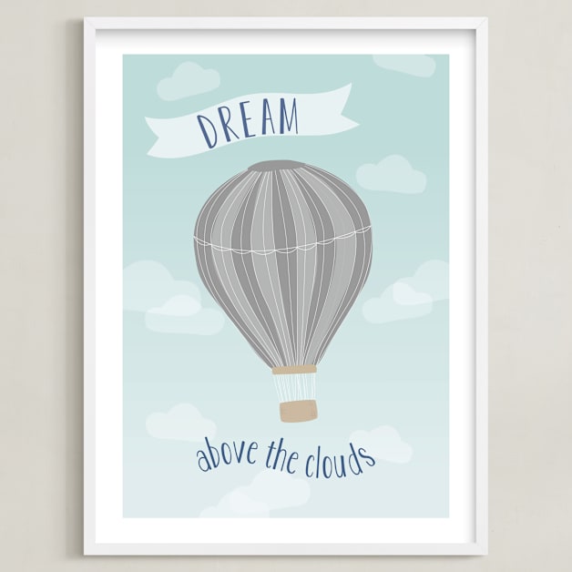 "Hot Air Balloon in the Clouds" - Art Print in Blue and Gray by Kayley Miller - Framed