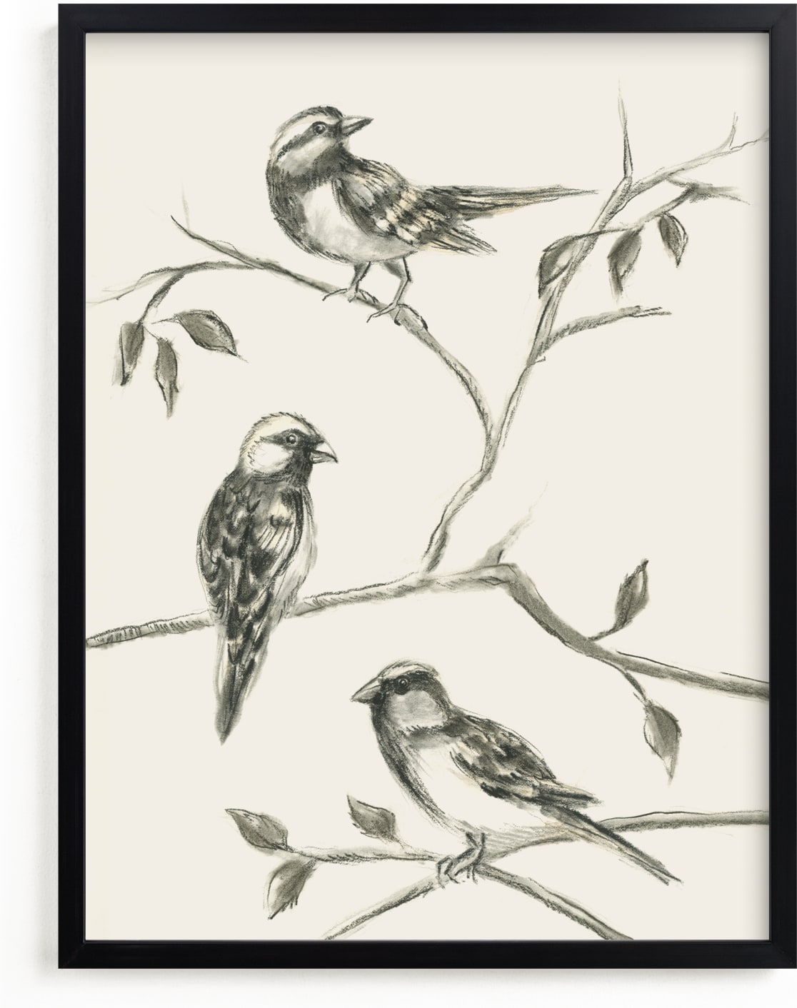 This is a ivory, black and white, black art by Teju Reval called Birds I.