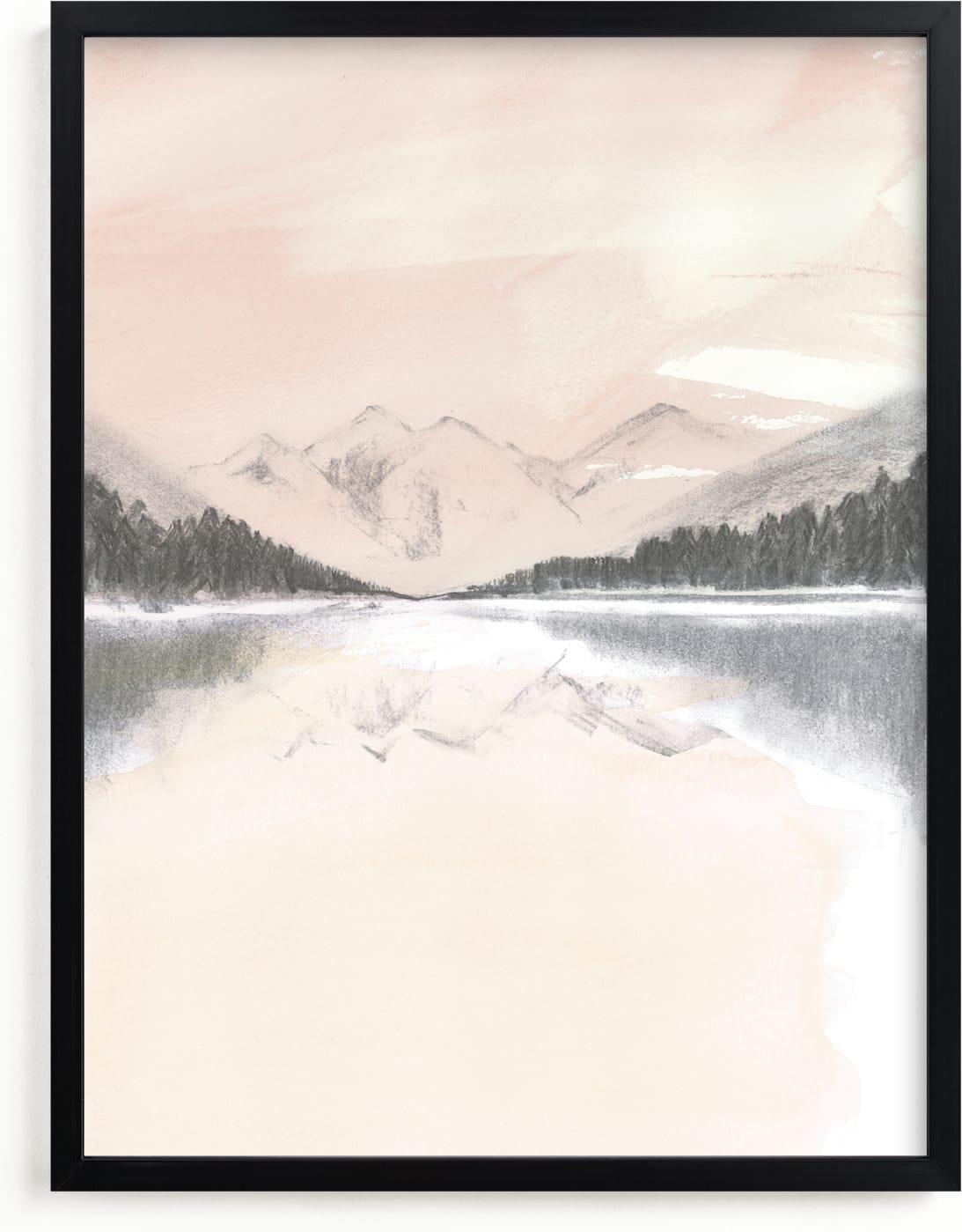 This is a black and white, pink, rosegold art by Teju Reval called Dreamy Lake.