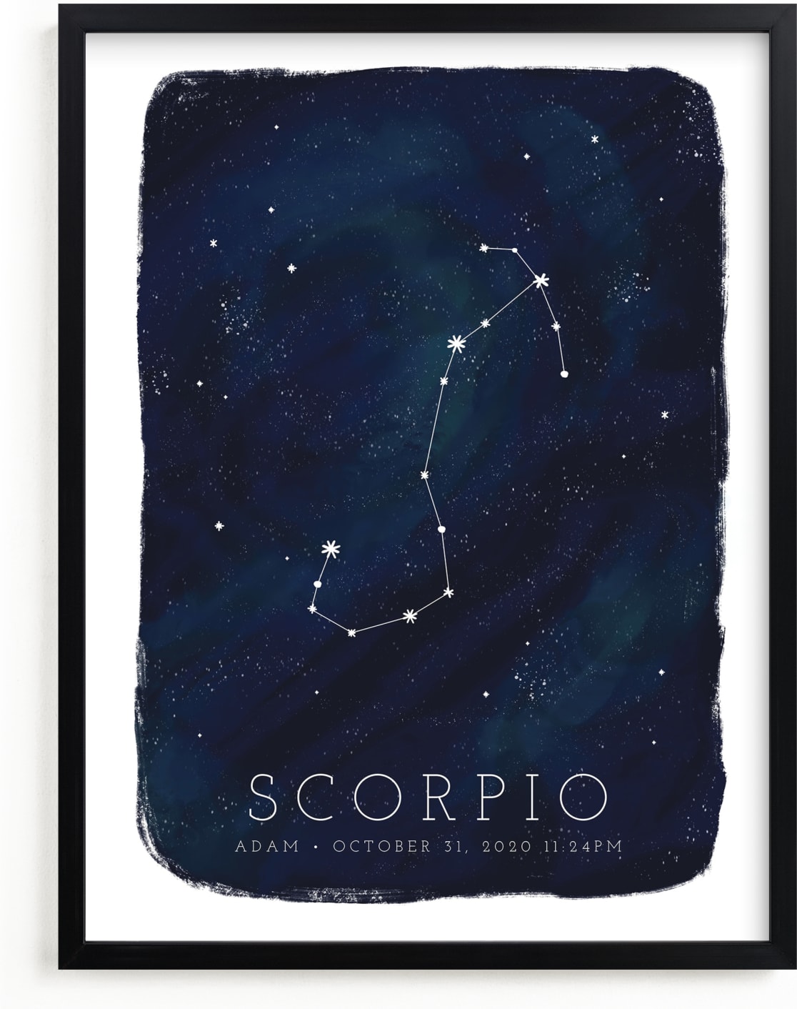 This is a blue personalized art for kid by Ashley Presutti Beasley called Zodiac Constellation Scorpio.