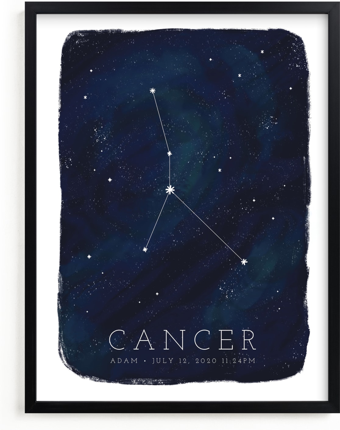 This is a blue personalized art for kid by Ashley Presutti Beasley called Zodiac Constellation Cancer.