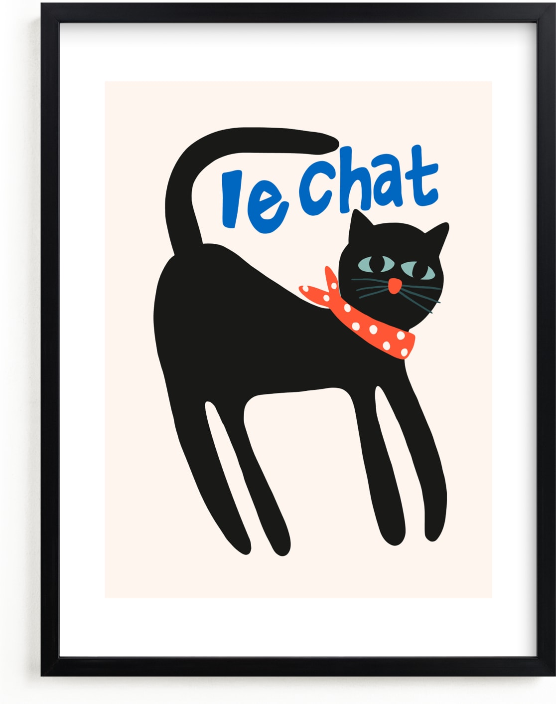 This is a blue, black, red kids wall art by Morgan Kendall called French Cat.