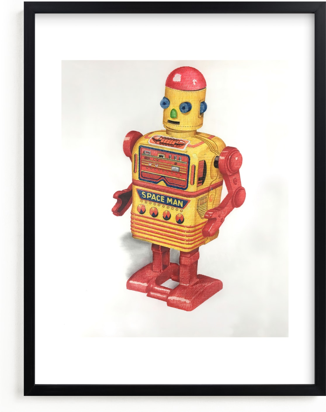 This is a yellow kids wall art by Ed Hogan called Space Man Robot.