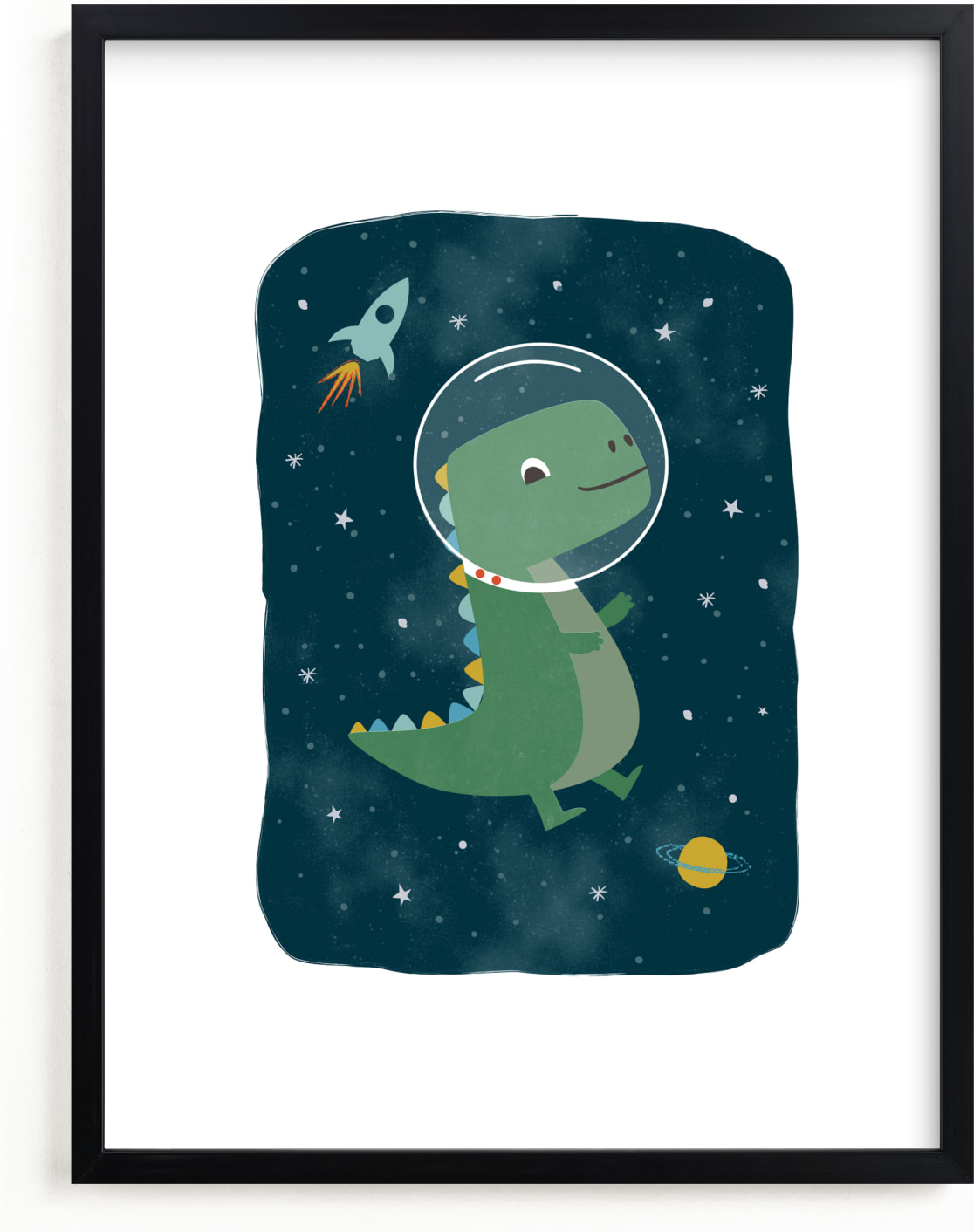 This is a colorful art by Annie Holmquist called Dinos in space.