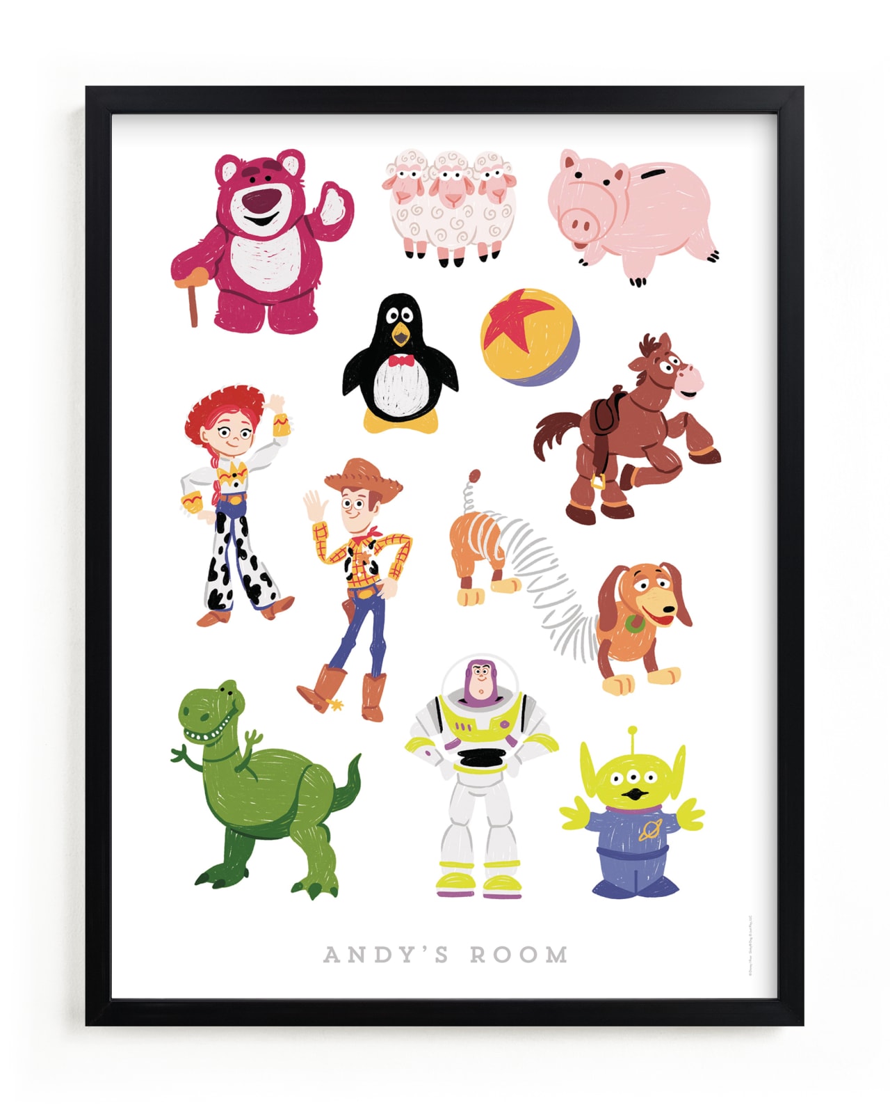 "Andy's Toys from Disney and Pixar's Toy Story" - Disney Custom Open Edition Children's Art Print by Rebecca Smith in beautiful frame options and a variety of sizes.