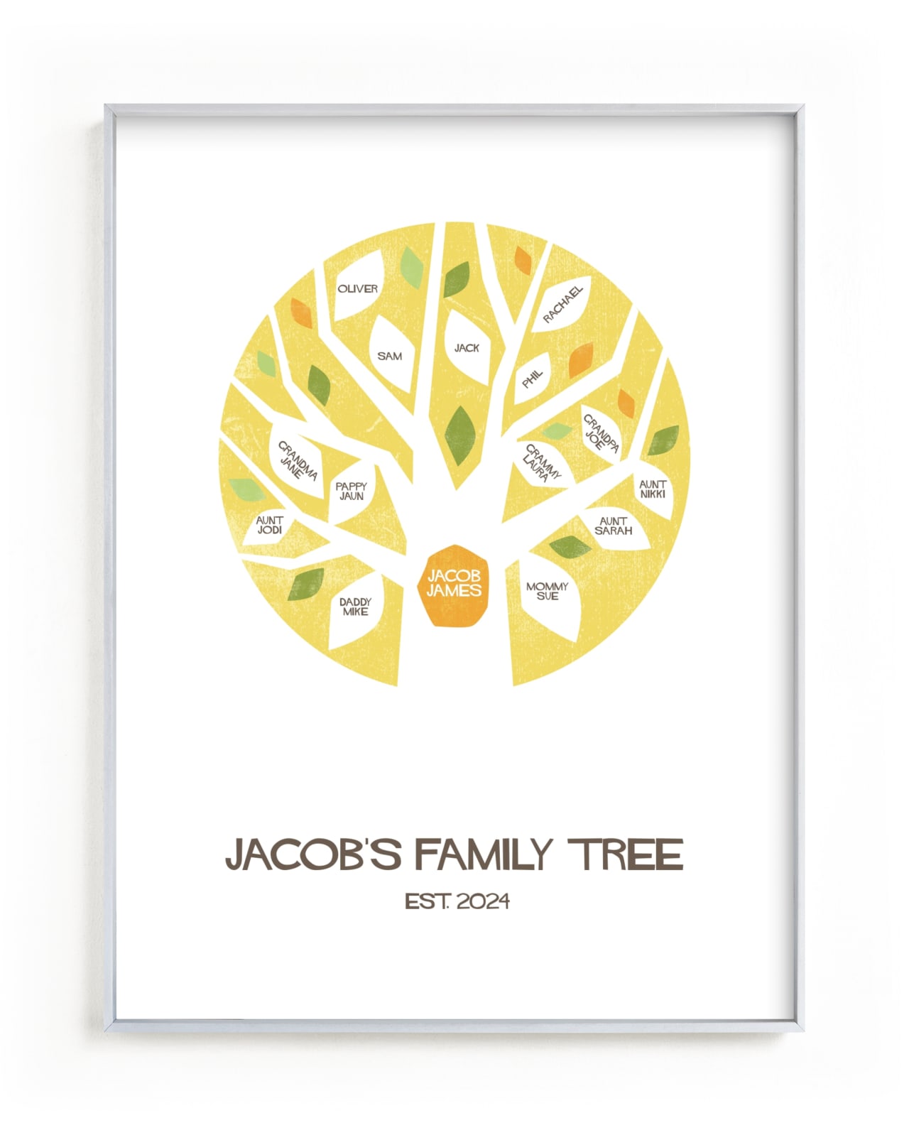 This is a yellow family tree art by Robin Ott called Jacob's Tree.