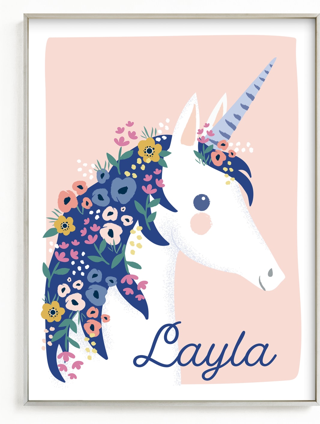 This is a blue personalized art for kid by Karidy Walker called garden unicorn.