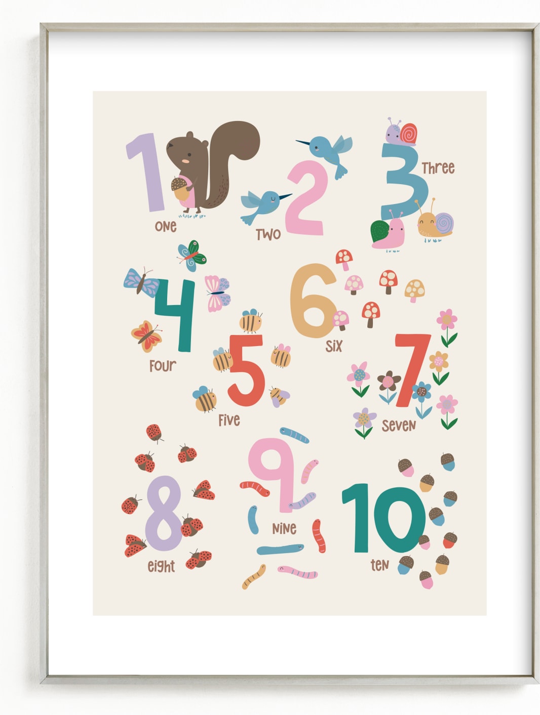 This is a colorful, purple, pink kids wall art by Vera Lim called Garden Numbers.