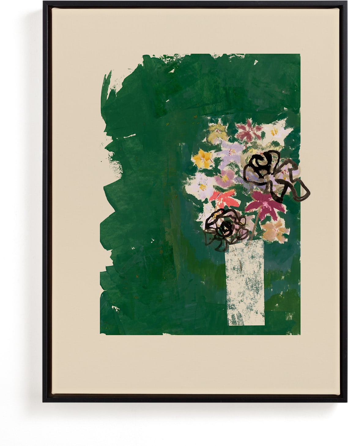 This is a black and white, yellow, green art by Bethania Lima called Bouquet against painted green background.