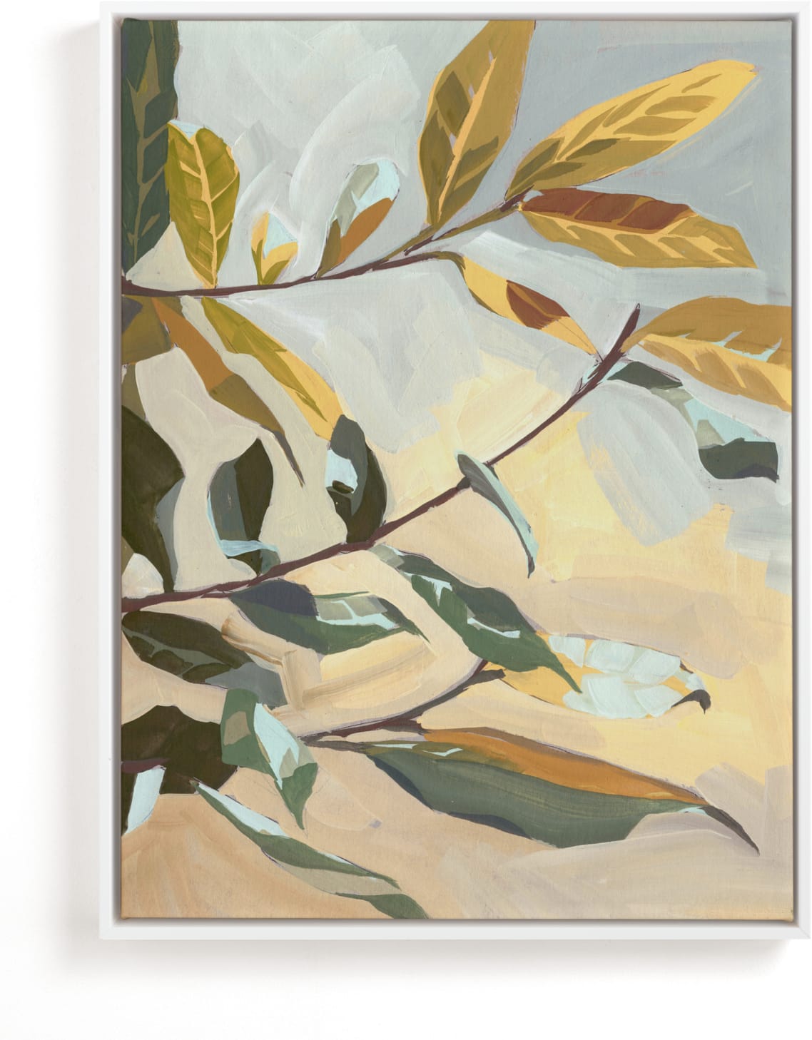This is a grey, beige, green art by Khara Ledonne called Bay Laurel.