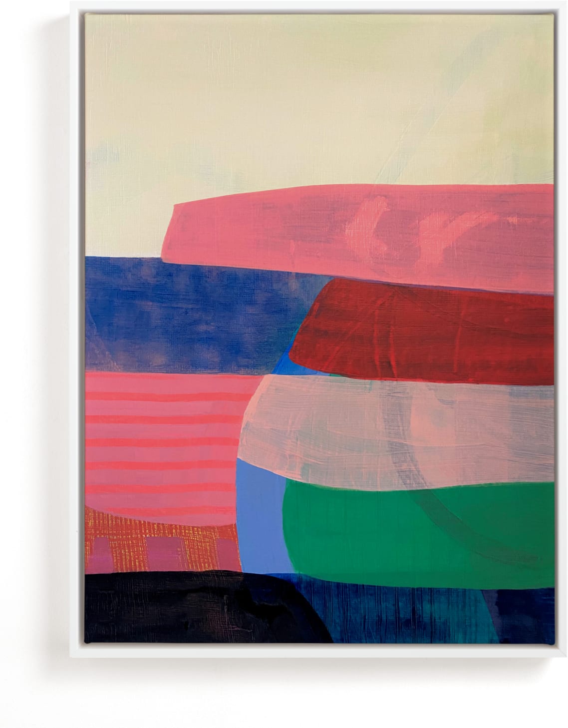 This is a blue, pink, green art by Poppy Dodge called Tomales Road: Dusk.