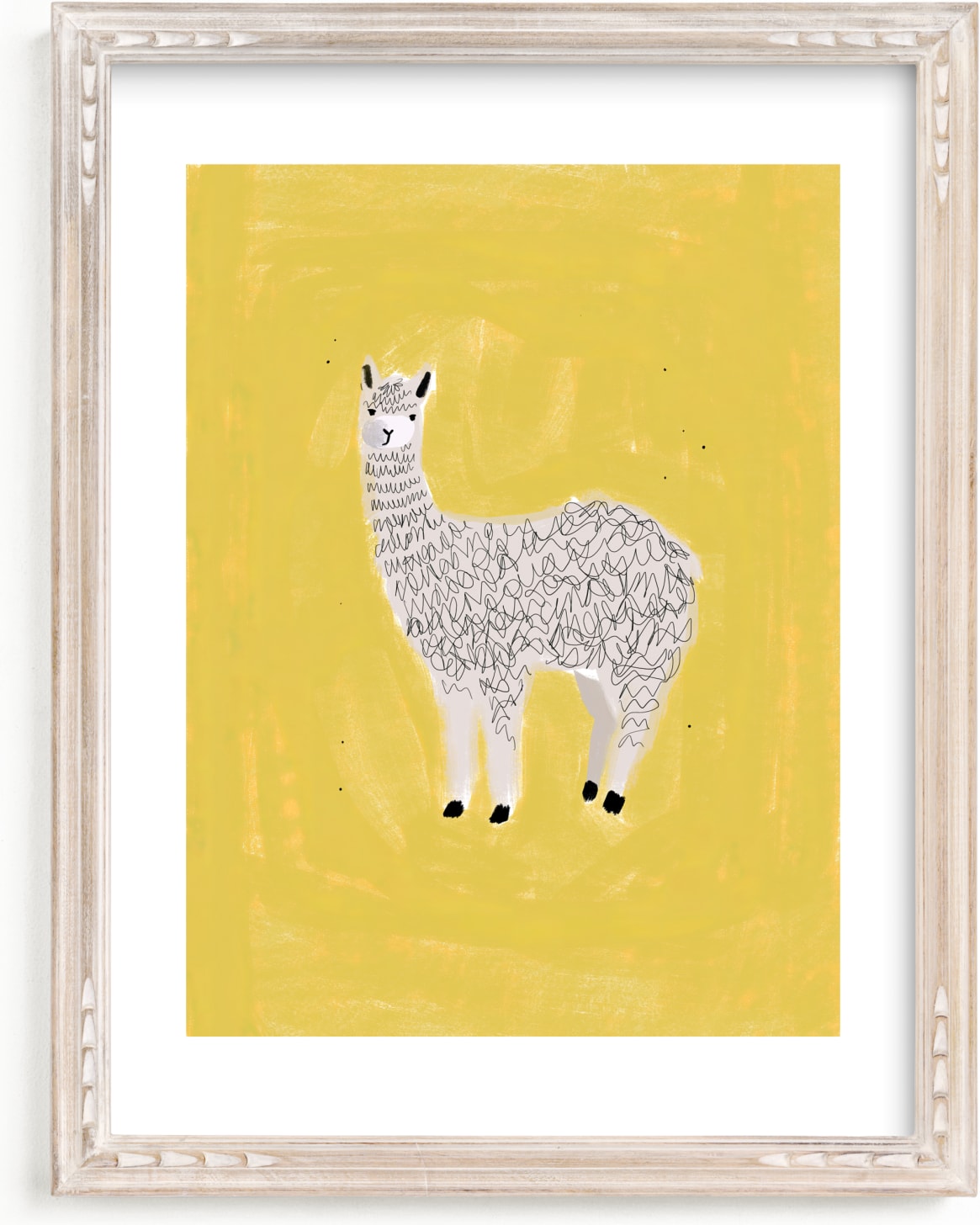 This is a white, yellow, grey kids wall art by SALLY MURPHY called Sunshine Alpaca.