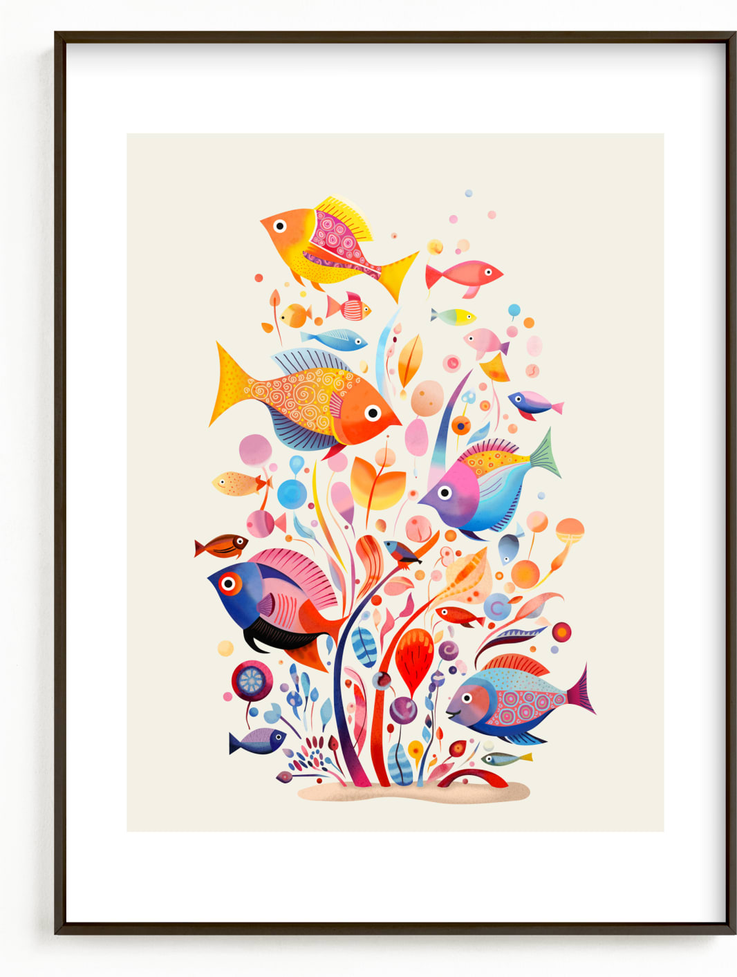 This is a colorful kids wall art by Tatjana Koraksic called Fishes.