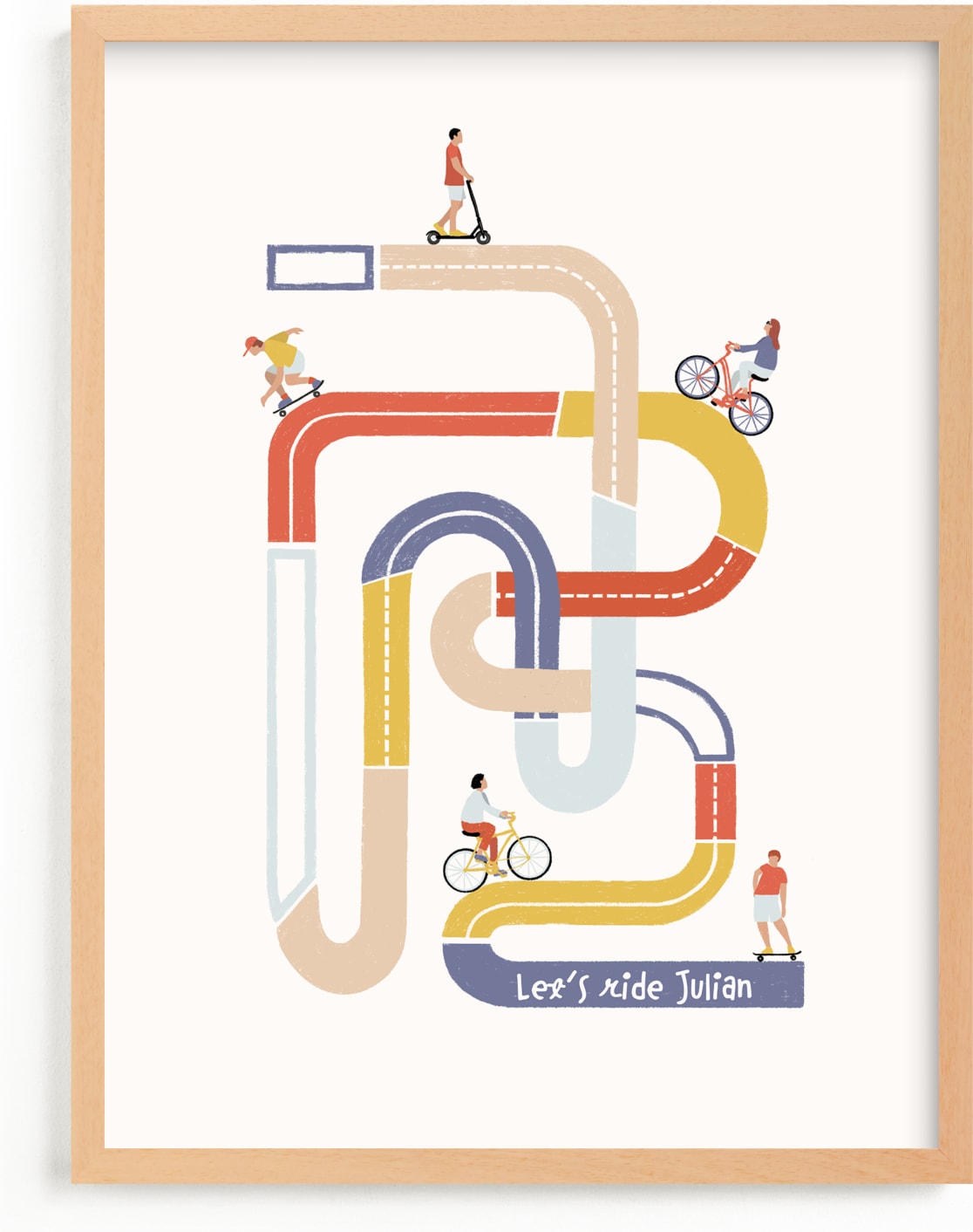 This is a colorful personalized art for kid by Pati Cascino called So many roads to ride.