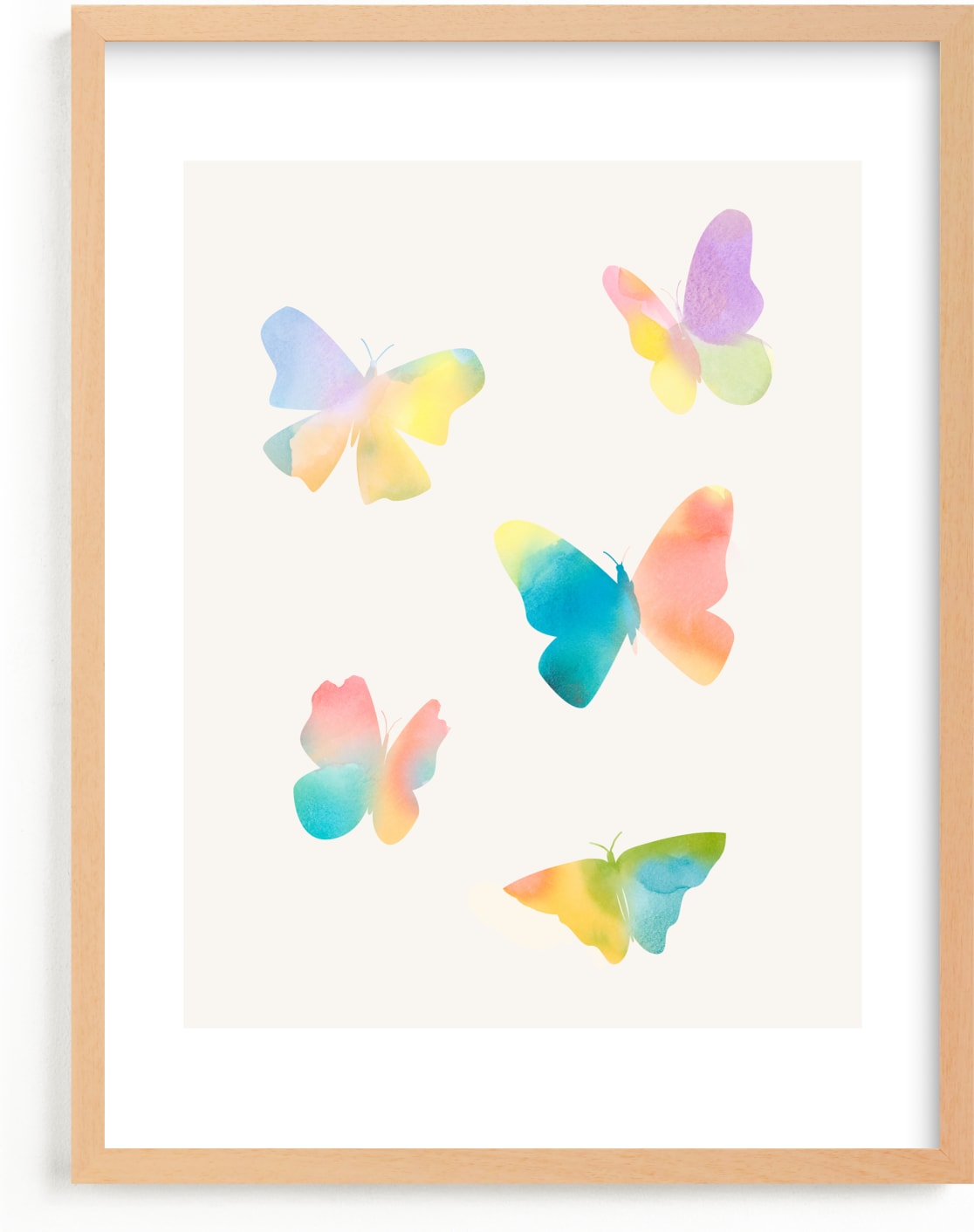 This is a blue, pink, green kids wall art by Lindsay Megahed called Watercolor butterflies.