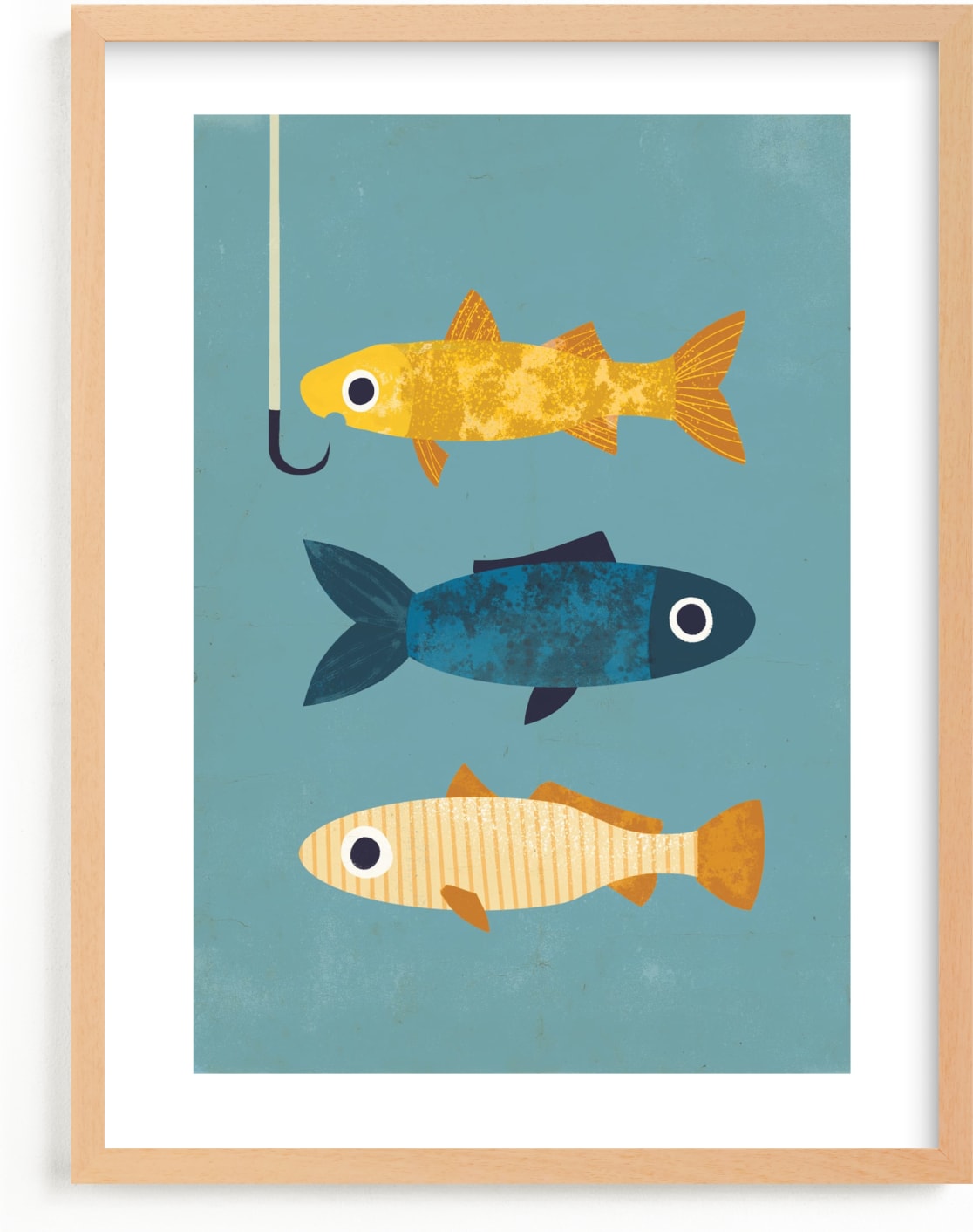 This is a blue kids wall art by Laura Mitchell called 1 Fish, 2 Fish, 3 Fish.