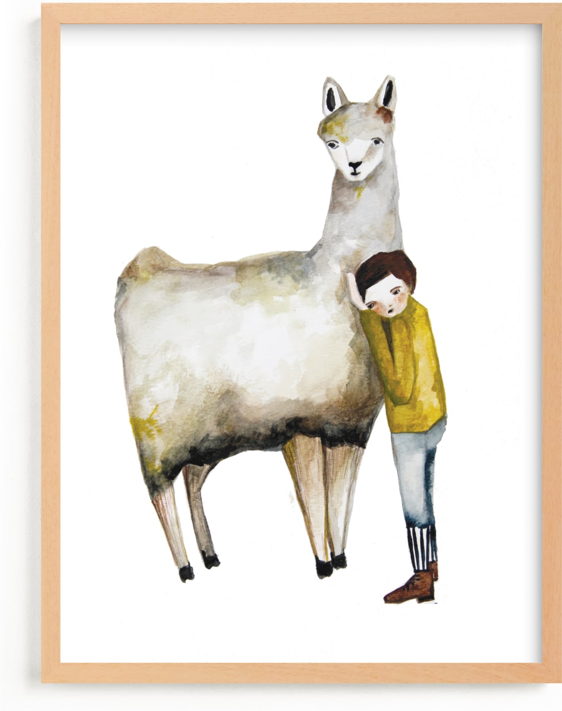 This is a white kids wall art by Sarah Fitzgerald called LLama and Boy.