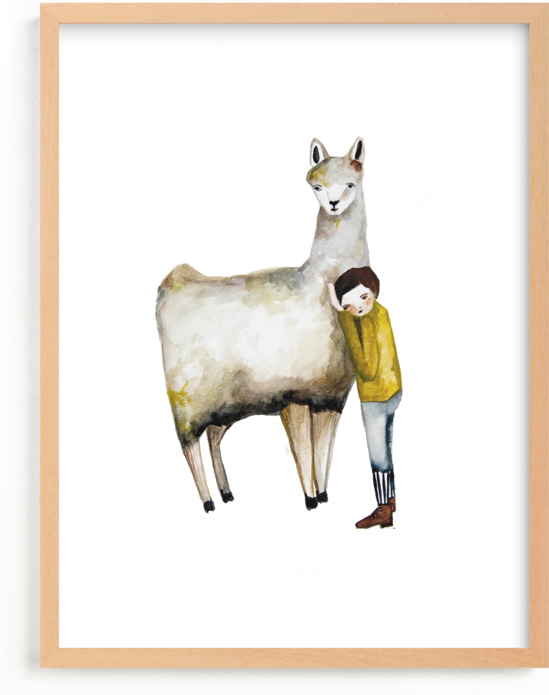 This is a white kids wall art by Sarah Fitzgerald called LLama and Boy.