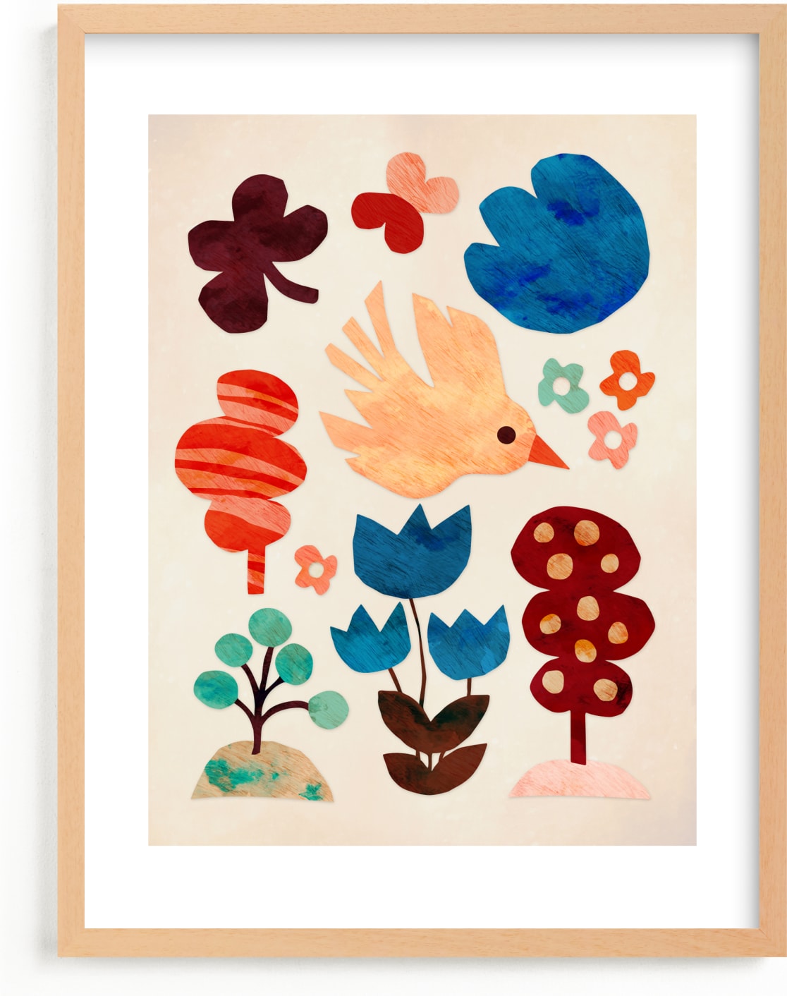 This is a blue, colorful, beige kids wall art by Mojca Dolinar called Bird and the forest.