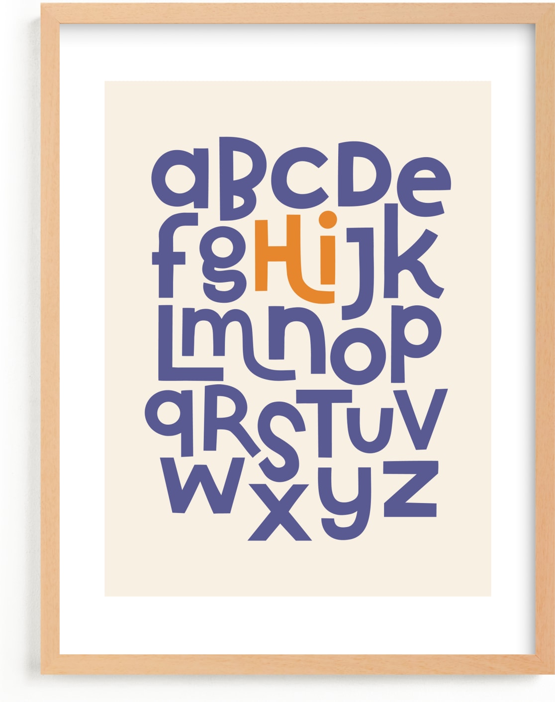 This is a blue, orange, non classic colors kids wall art by Krissy Callahan called Hi from the Alphabet.