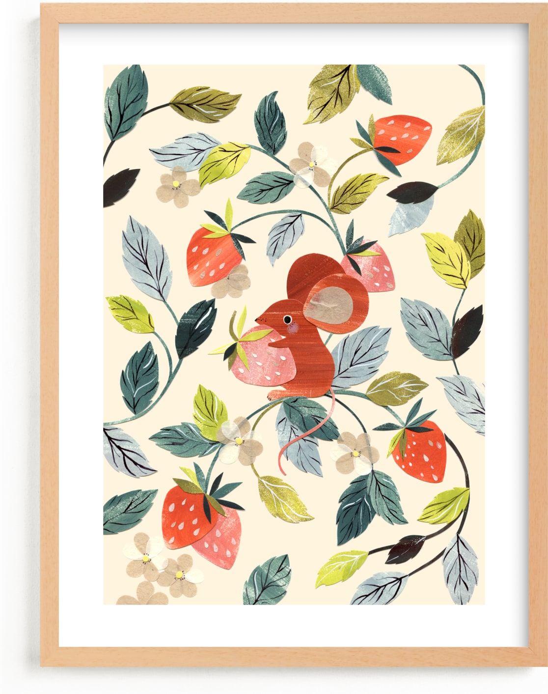 This is a colorful, green, red kids wall art by Sarah Knight called Strawberry Thief.