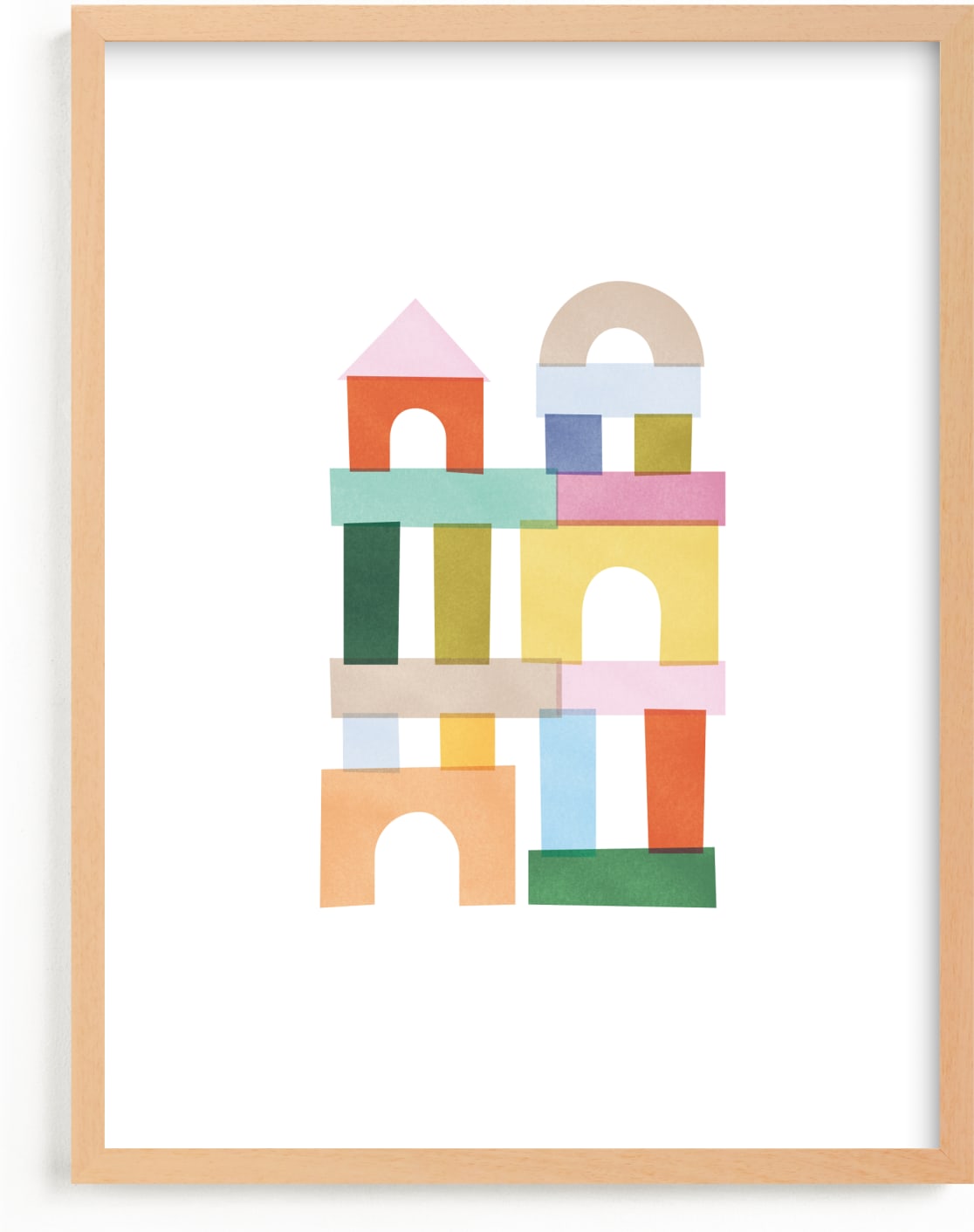 This is a blue, yellow, pink nursery wall art by Ellen Schlegelmilch called mod building blocks.