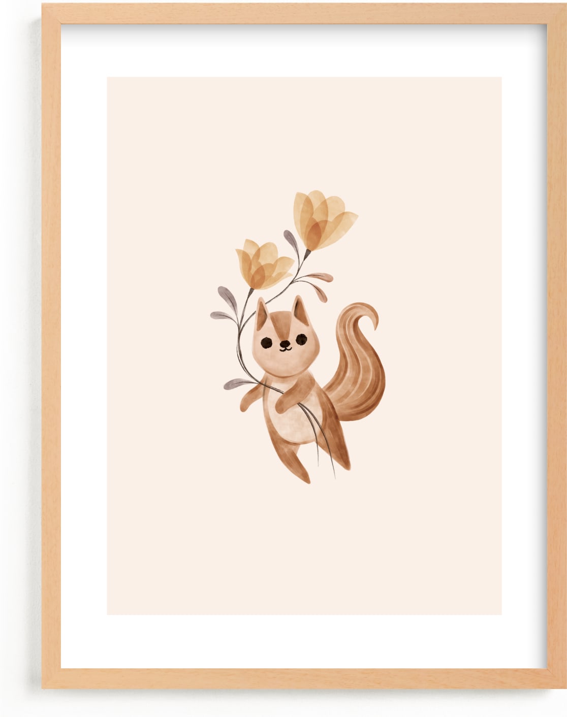 This is a brown nursery wall art by Vivian Yiwing called squirrel with flowers.