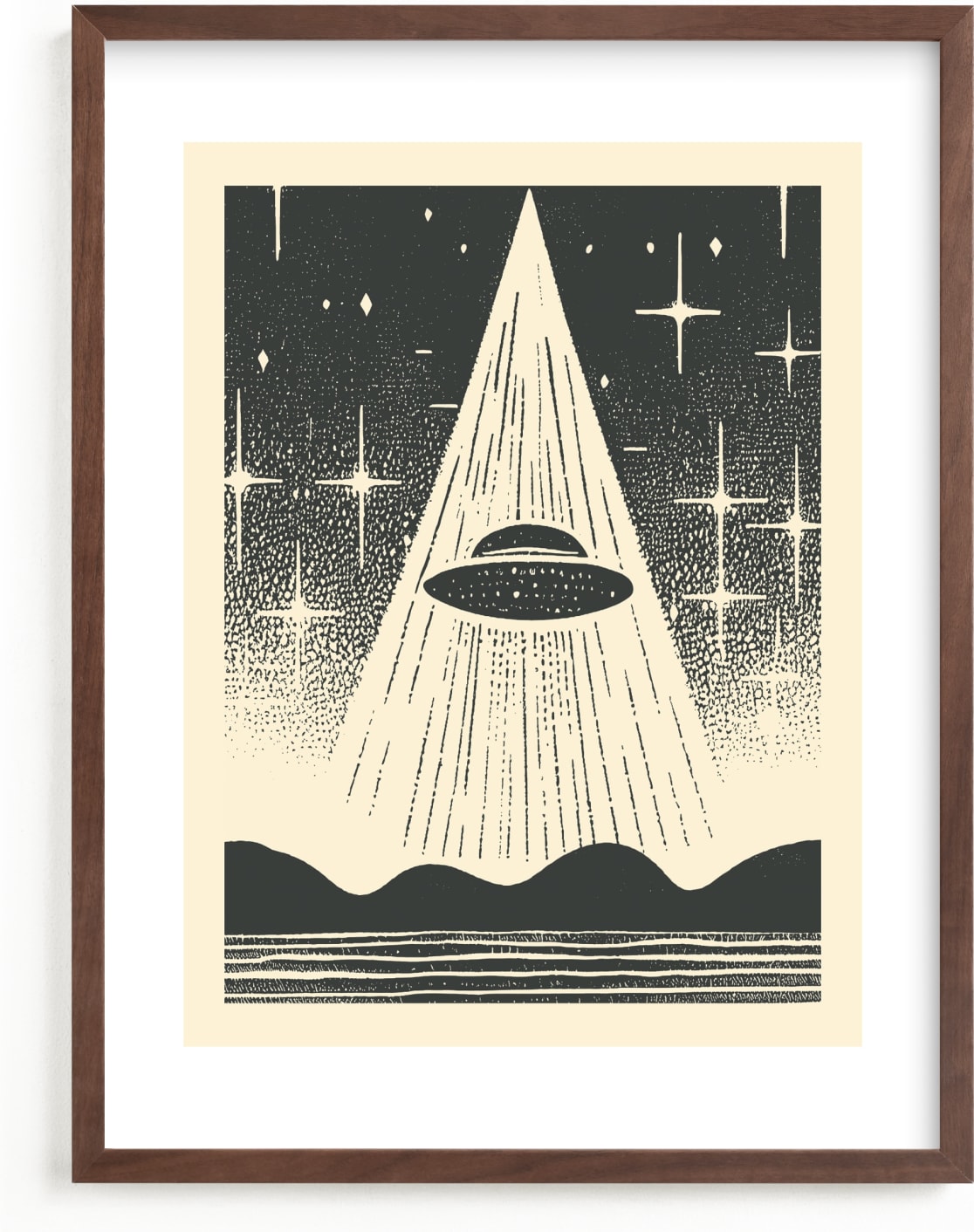 This is a grey, black, beige kids wall art by Roseanne Kenny called UFO Encounters: Nostalgic Retro Woodcut.