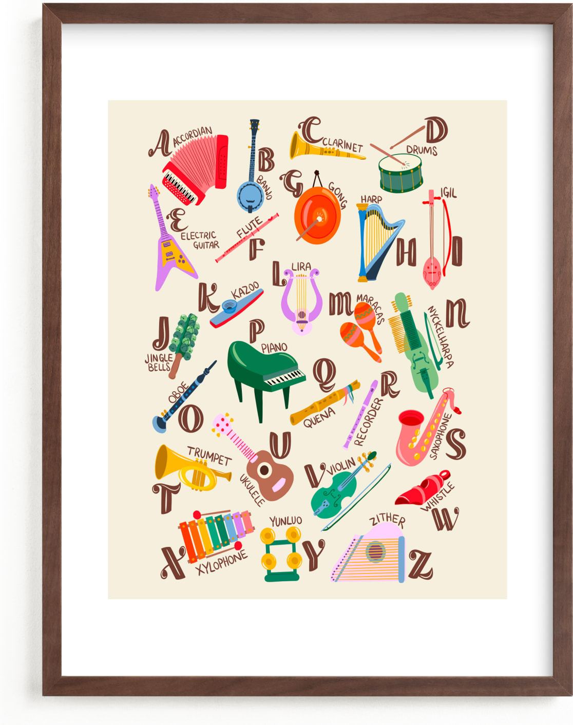 This is a colorful, beige art by DorothyDear Creations called Musical Alphabet.