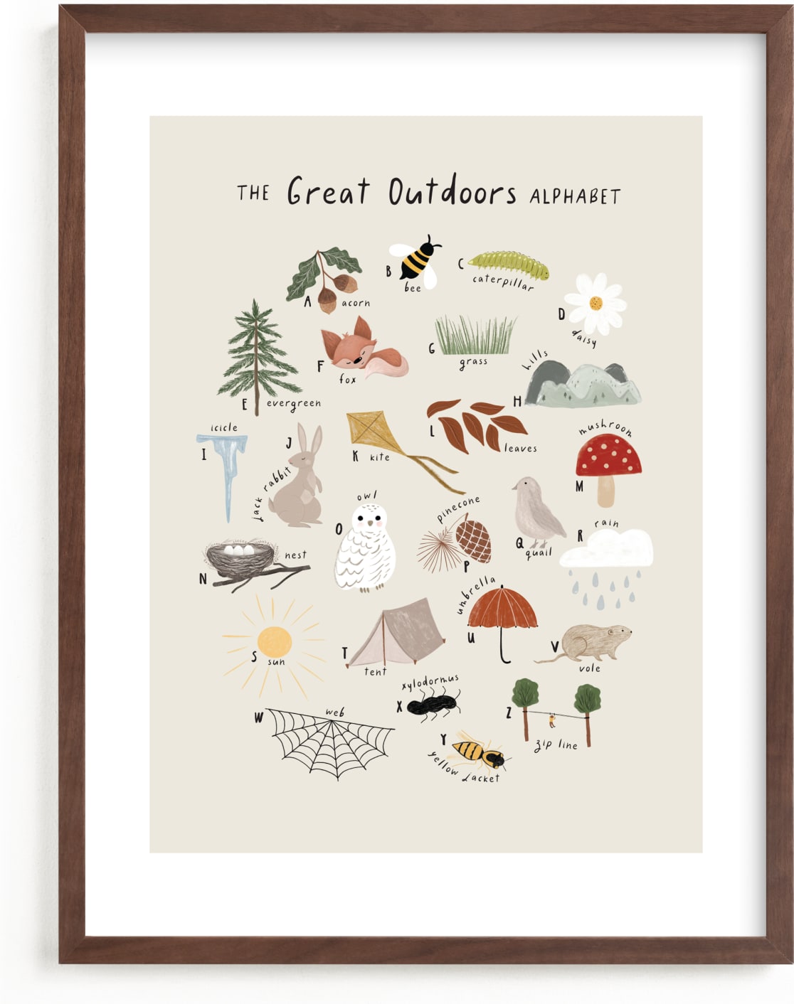 This is a brown, white, beige art by Maja Cunningham called The great outdoors alphabet.