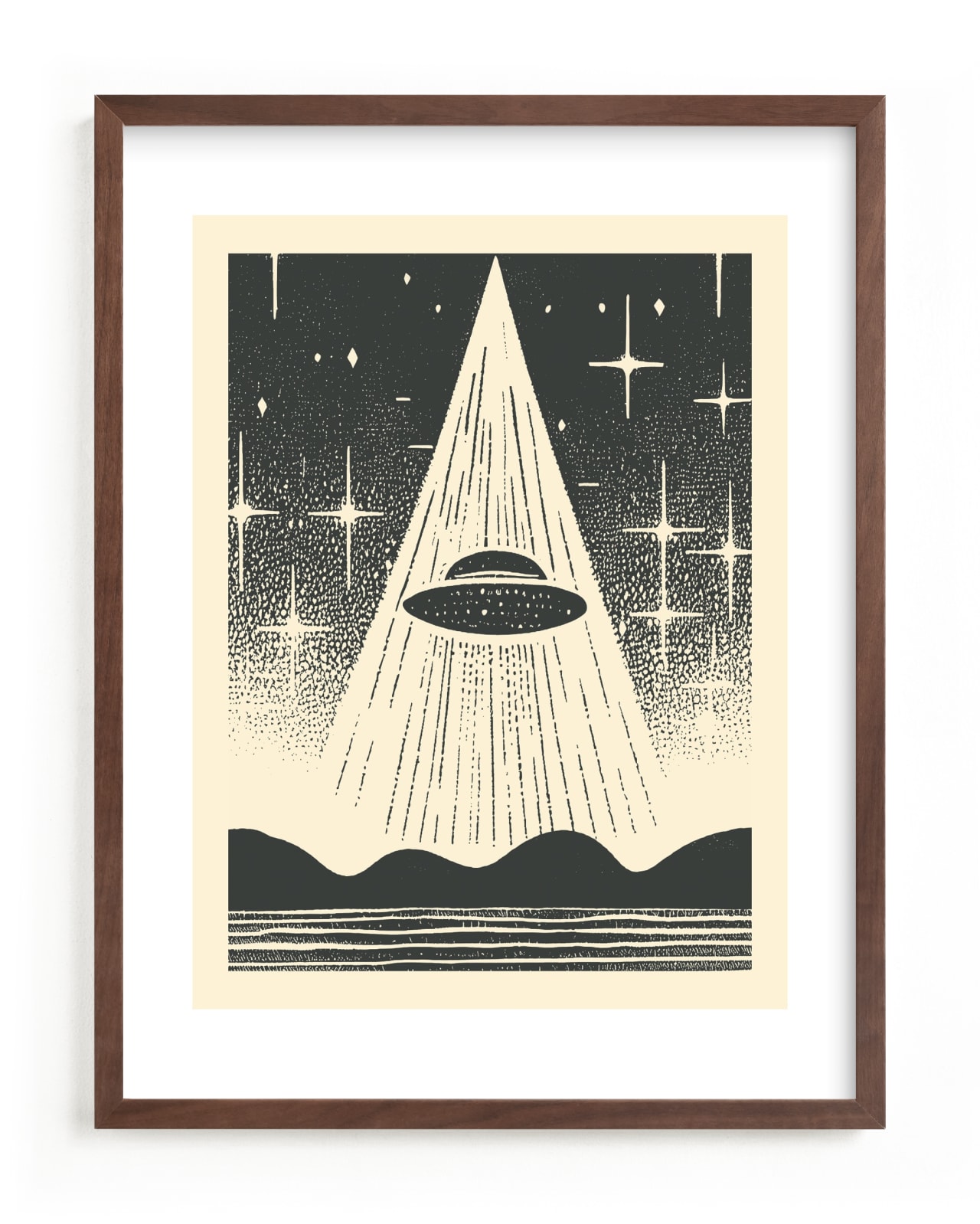 "UFO Encounters: Nostalgic Retro Woodcut" - Limited Edition Art Print by Roseanne Kenny in beautiful frame options and a variety of sizes.