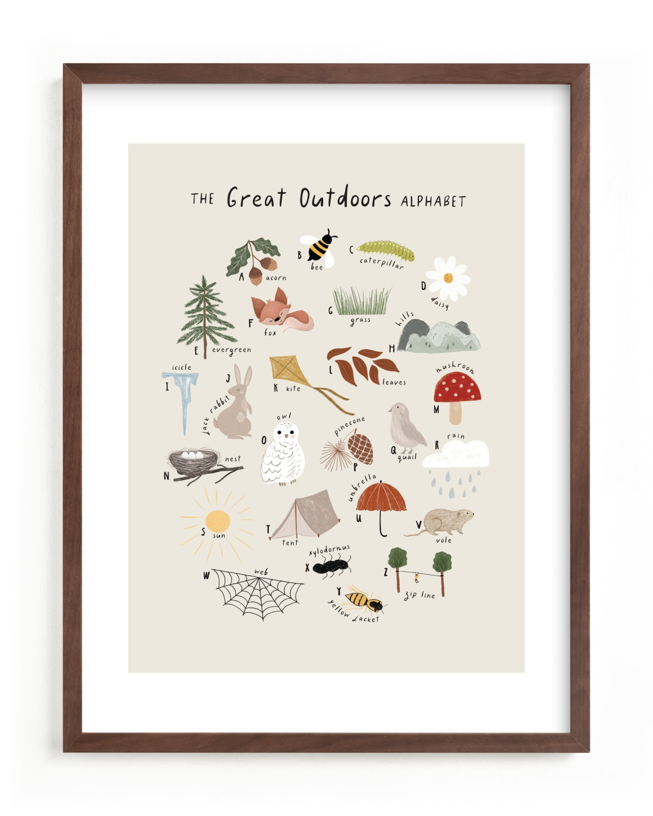 "The great outdoors alphabet" by Maja Cunningham in beautiful frame options and a variety of sizes.
