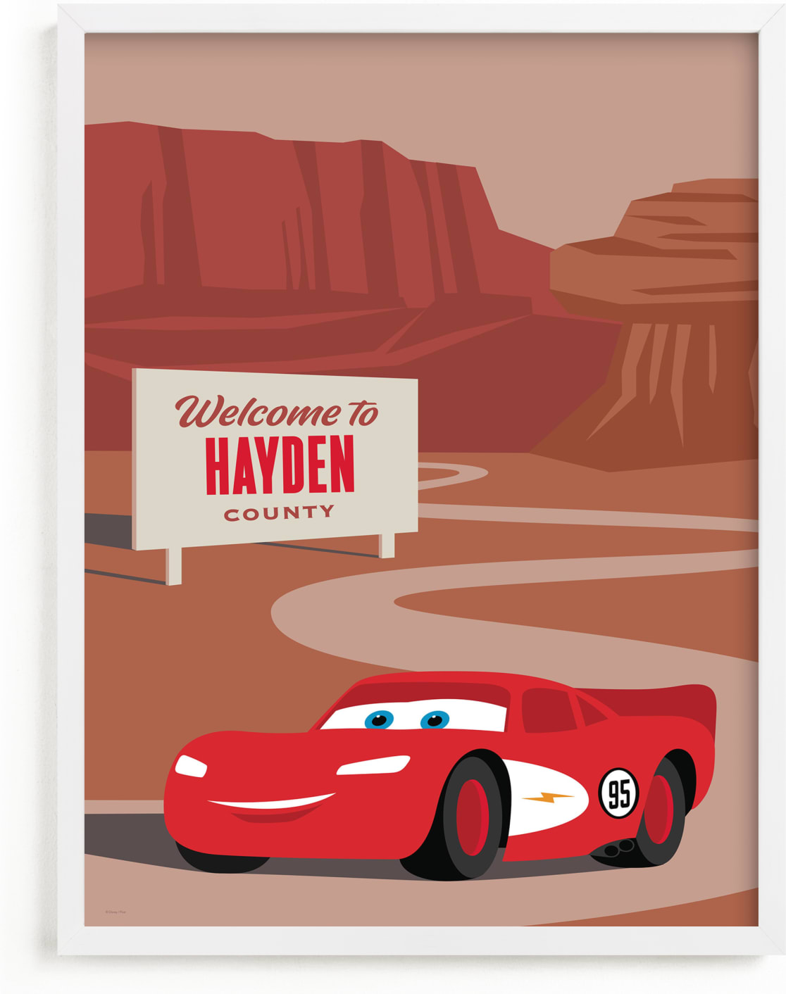 This is a brown disney art by Jill Means called Lightning McQueen Route 66 from Disney and Pixar's Cars.