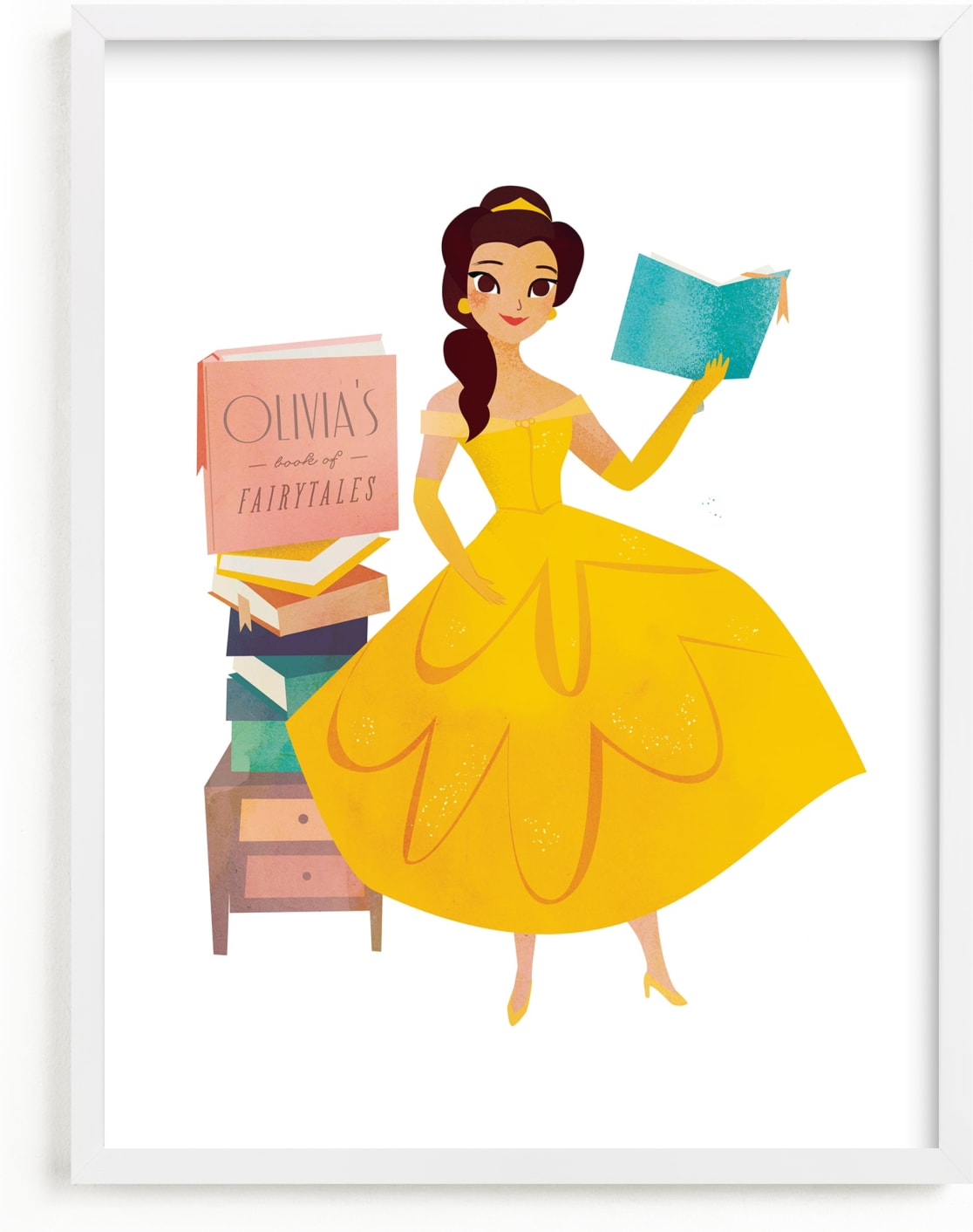 This is a yellow disney art by Lori Wemple called Storytime with Belle from Disney's Beauty And The Beast.