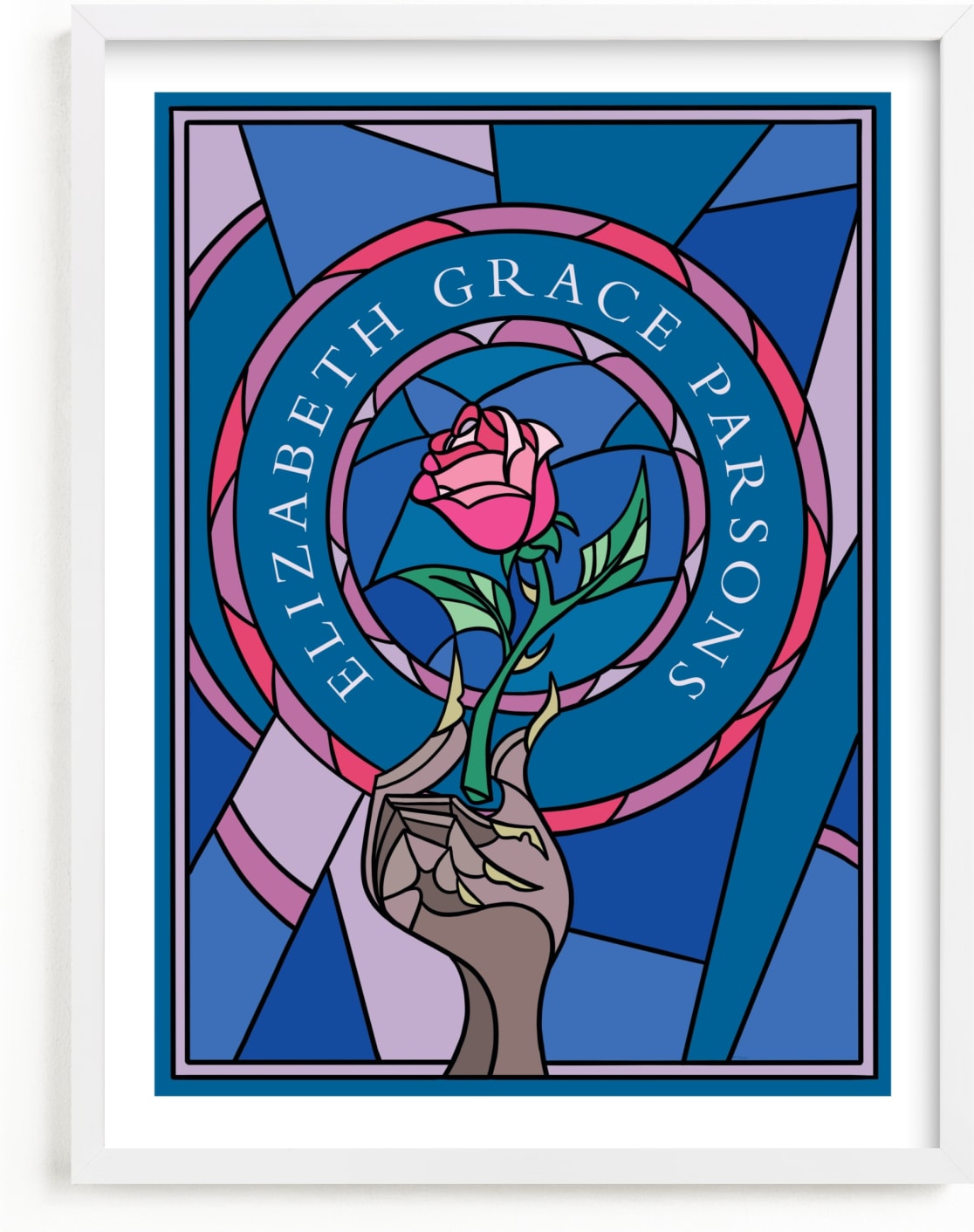 This is a blue disney art by Katharine Watson called Disney's Beauty And The Beast Stained Glass.