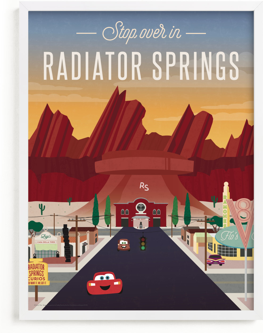 This is a colorful disney art by Erica Krystek called Stop Over In Radiator Springs from Disney and Pixar's Cars.