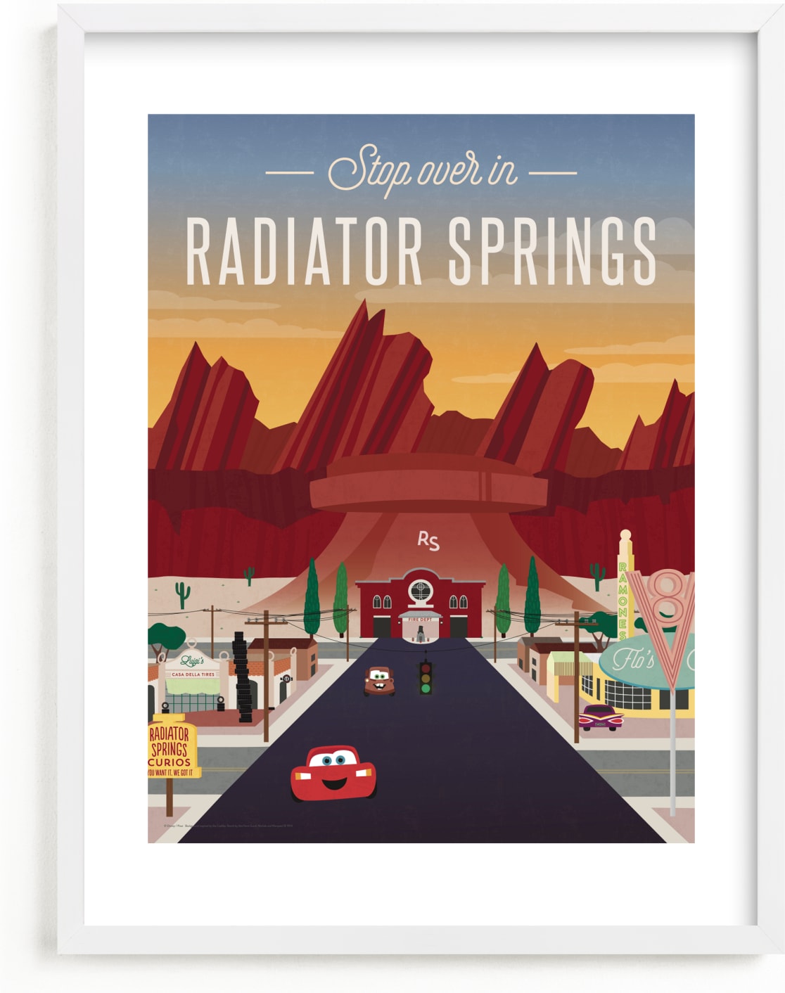 This is a colorful disney art by Erica Krystek called Stop Over In Radiator Springs from Disney and Pixar's Cars.