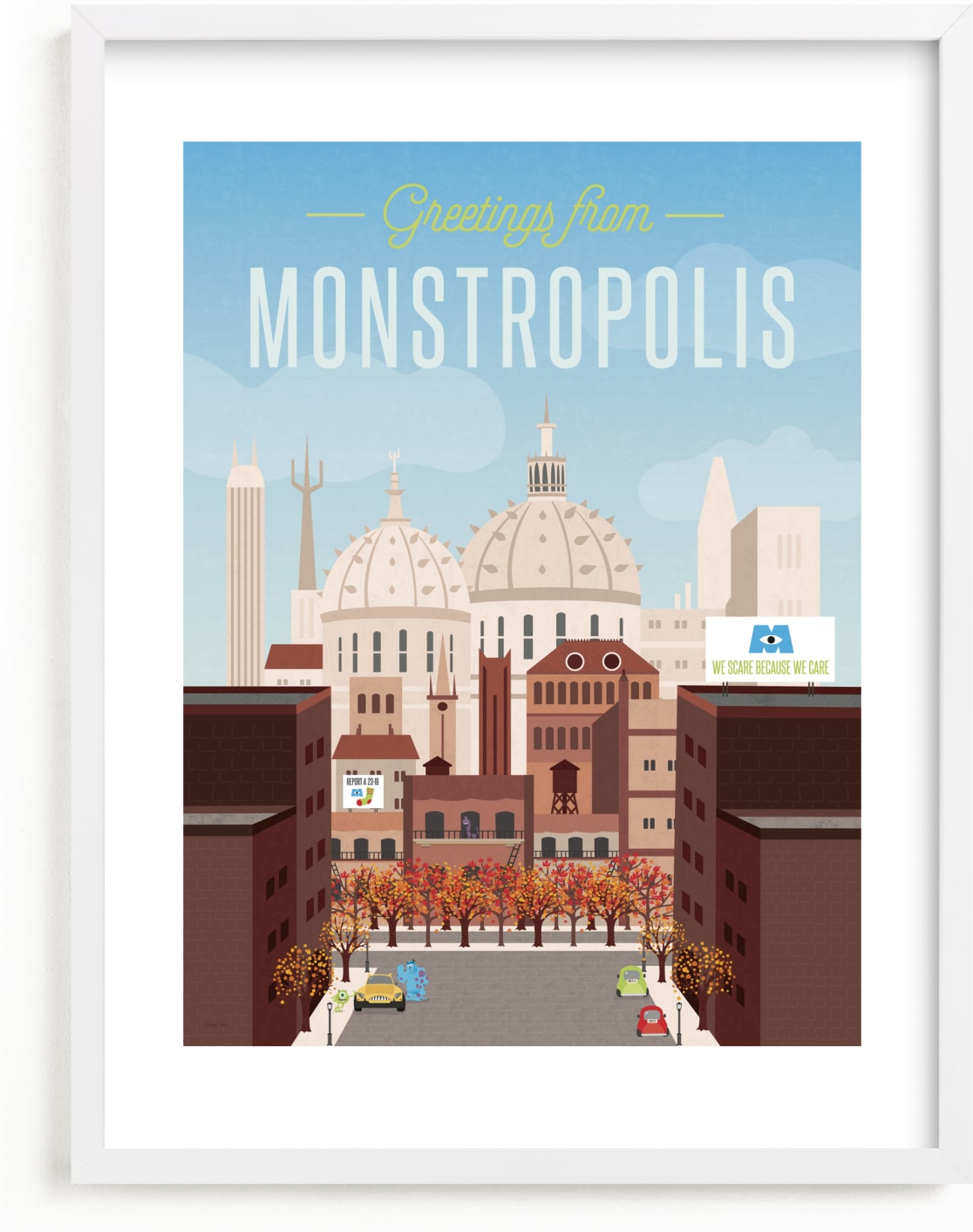 This is a blue disney art by Erica Krystek called Greetings from Monstropolis from Disney and Pixar's Monster's Inc.