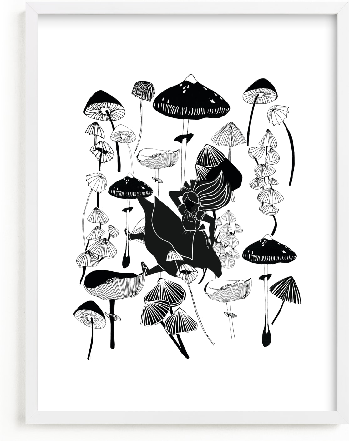 This is a black and white disney art by Deborah Velasquez called Disney's Alice In Wonderland Mushroom Fall.