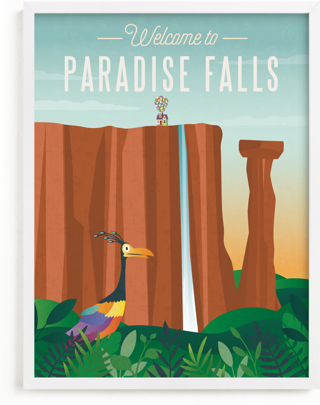 This is a blue disney art by Erica Krystek called Welcome to Paradise Falls from Disney and Pixar's Up.