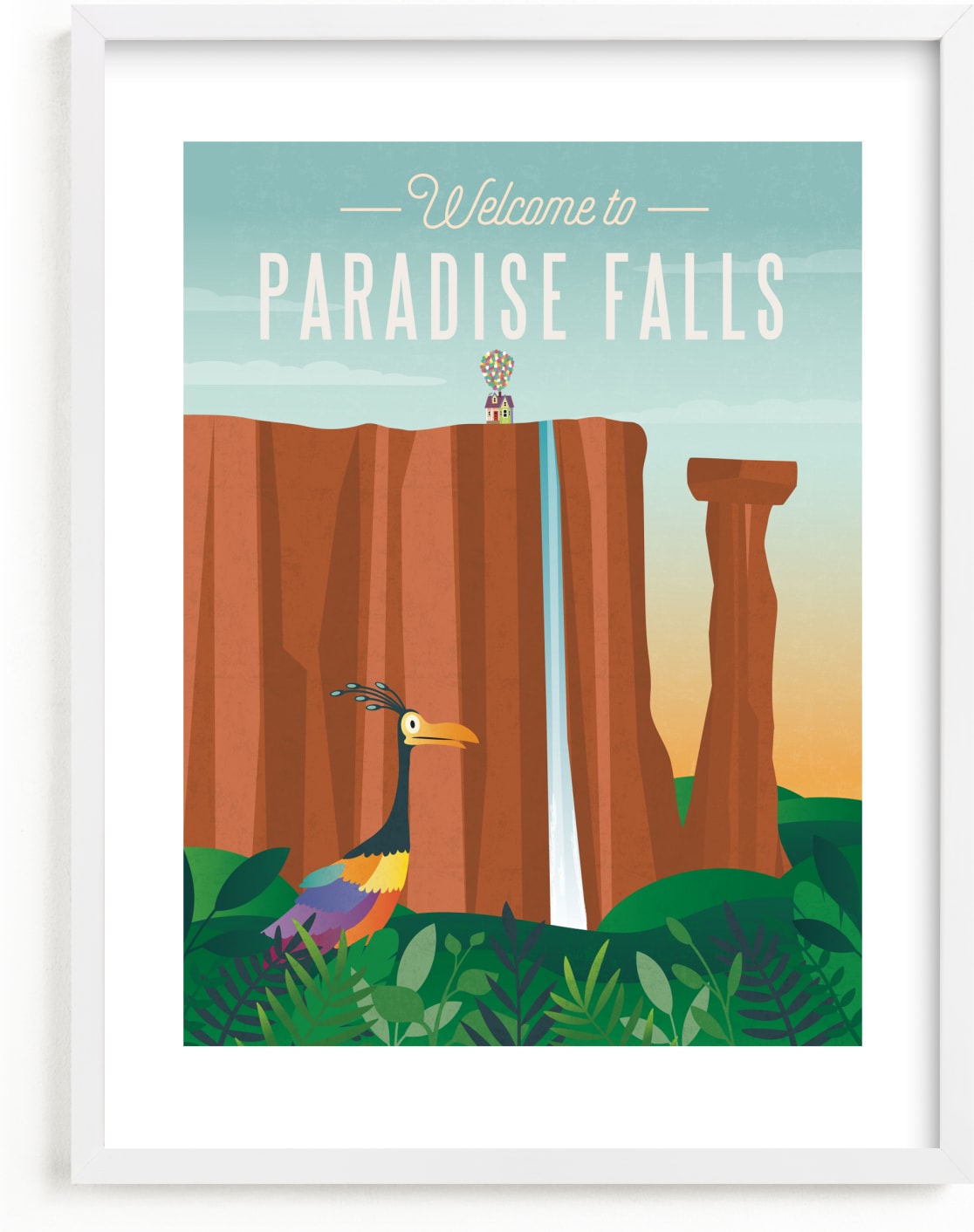 This is a blue disney art by Erica Krystek called Welcome to Paradise Falls from Disney and Pixar's Up.