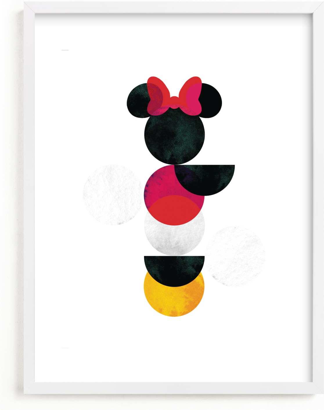 This is a yellow, black, red disney art by Anna Joseph called Disney Minimalist Minnie Mouse.