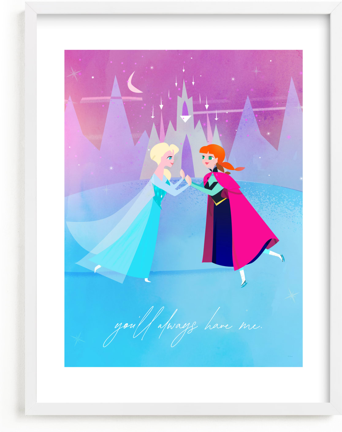 This is a blue disney art by Lori Wemple called Elsa and Anna from Disney's Frozen.