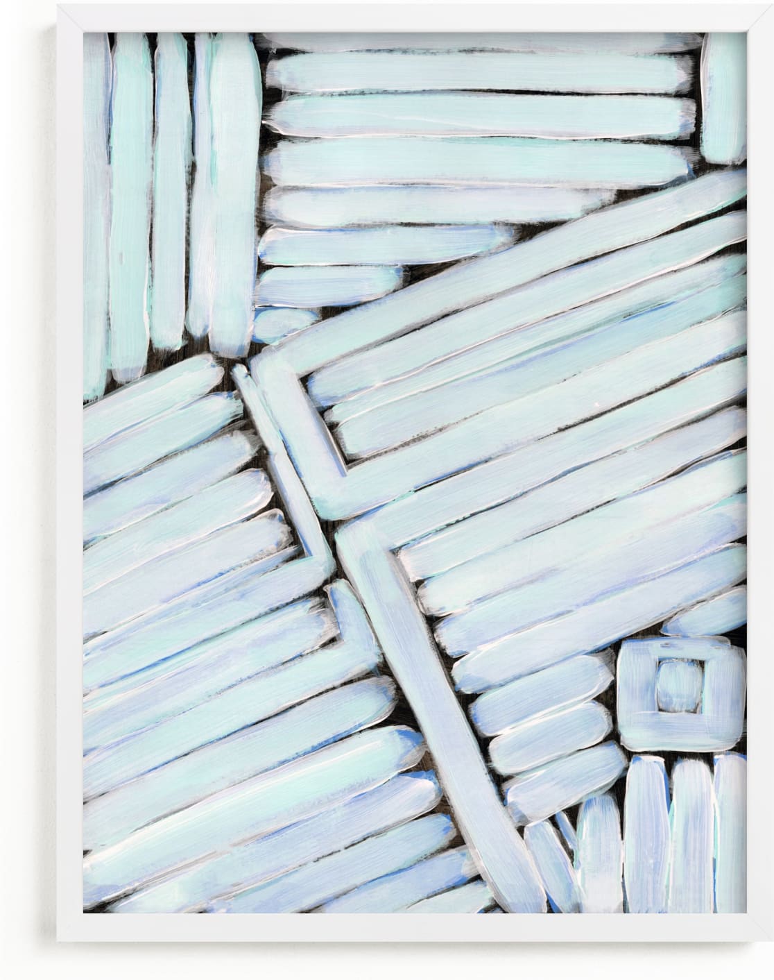This is a blue, black and white, white art by Lauren Rutley called Zips and Stripes.