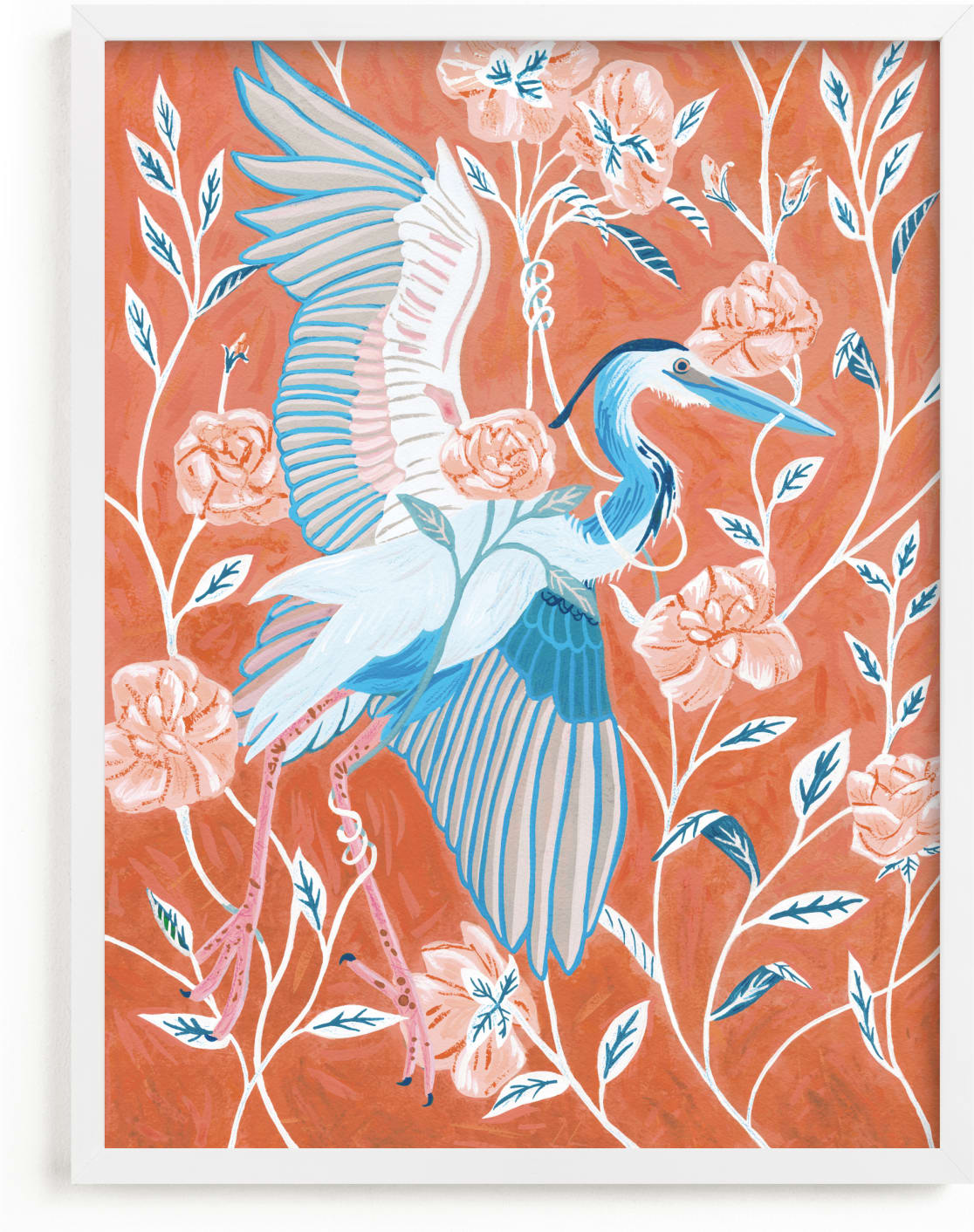 This is a blue, pink, orange art by Stefanie Lane called Blue Heron with Blossoms.