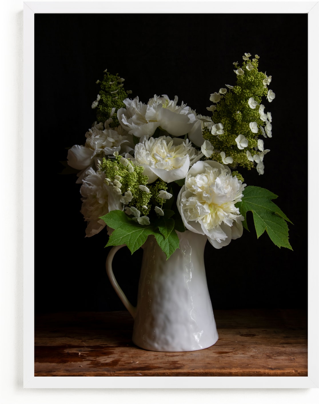 This is a white art by Elizabeth Pyle called Pitcher of Peonies.