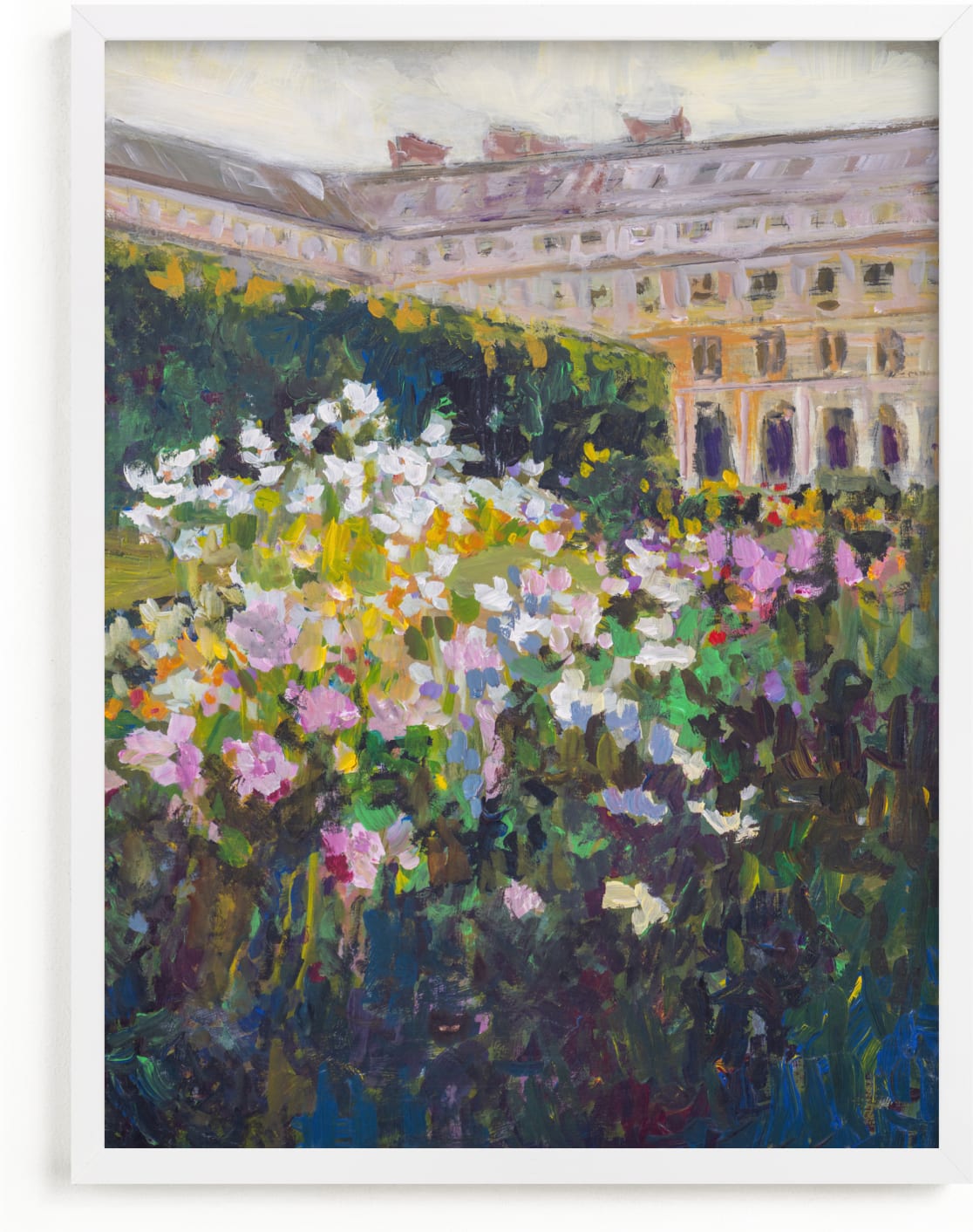 This is a colorful art by Jacquelyn Sloane Siklos called in the garden of the Palais Royale.