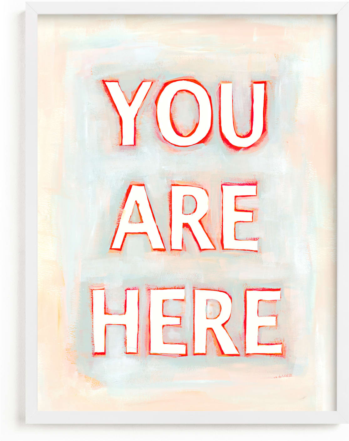 This is a blue, white, orange art by Karyn Denten called You are Here.