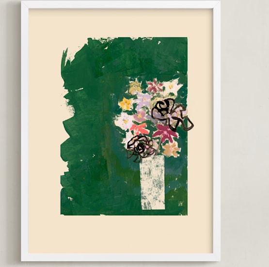 This is a black and white, yellow, green art by Bethania Lima called Bouquet against painted green background.